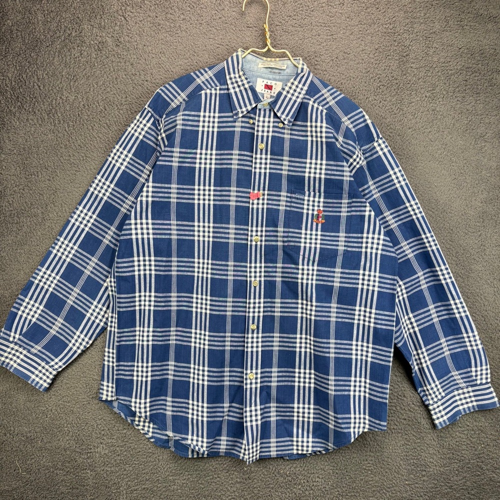 Paco Jeans Mens Large Blue White Plaid Long Sleeve Button Down Shirt Cotton L